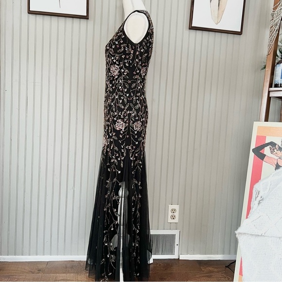 Adrianna Papell Black Beaded Column Dress with Tulle Adrianna Papell Black Beaded Column Dress with Tulle